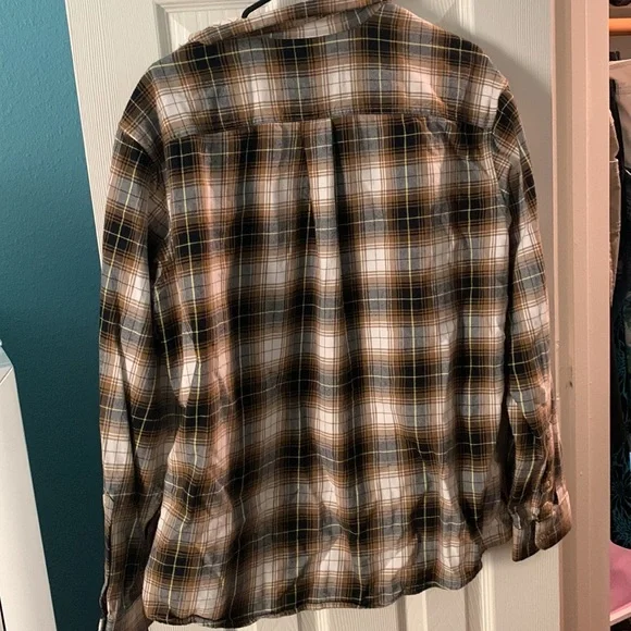 brown, black, white and yellow plaid long sleeve button down - Picture 2 of 2
